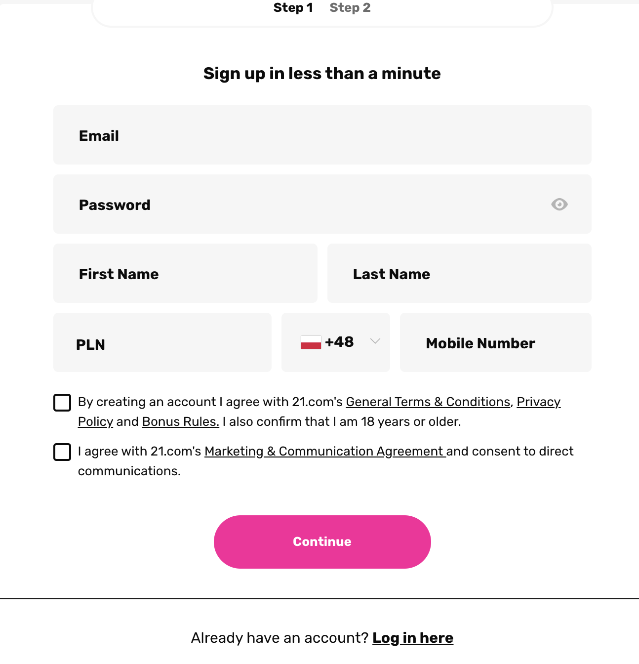 21.com casino login