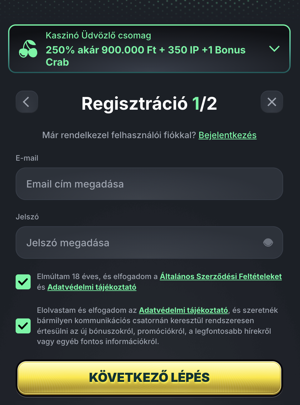 kinbet casino regisztráció
