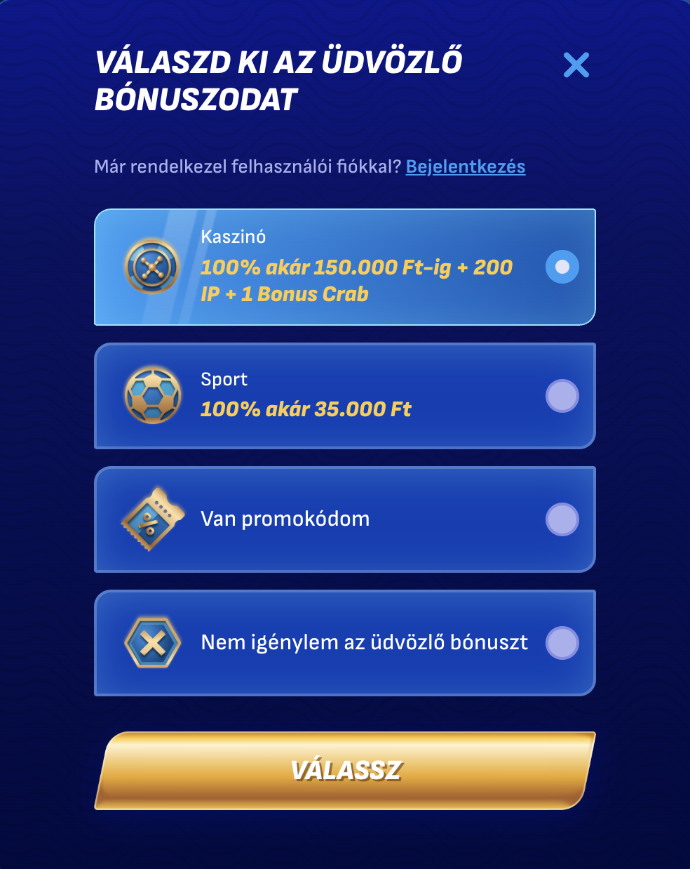 wonaco kaszinó regisztráció