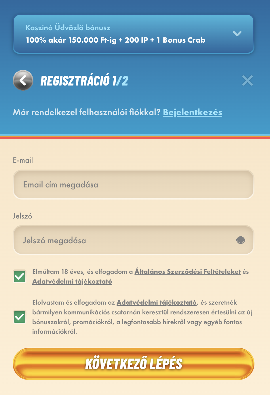Vegasino regisztráció