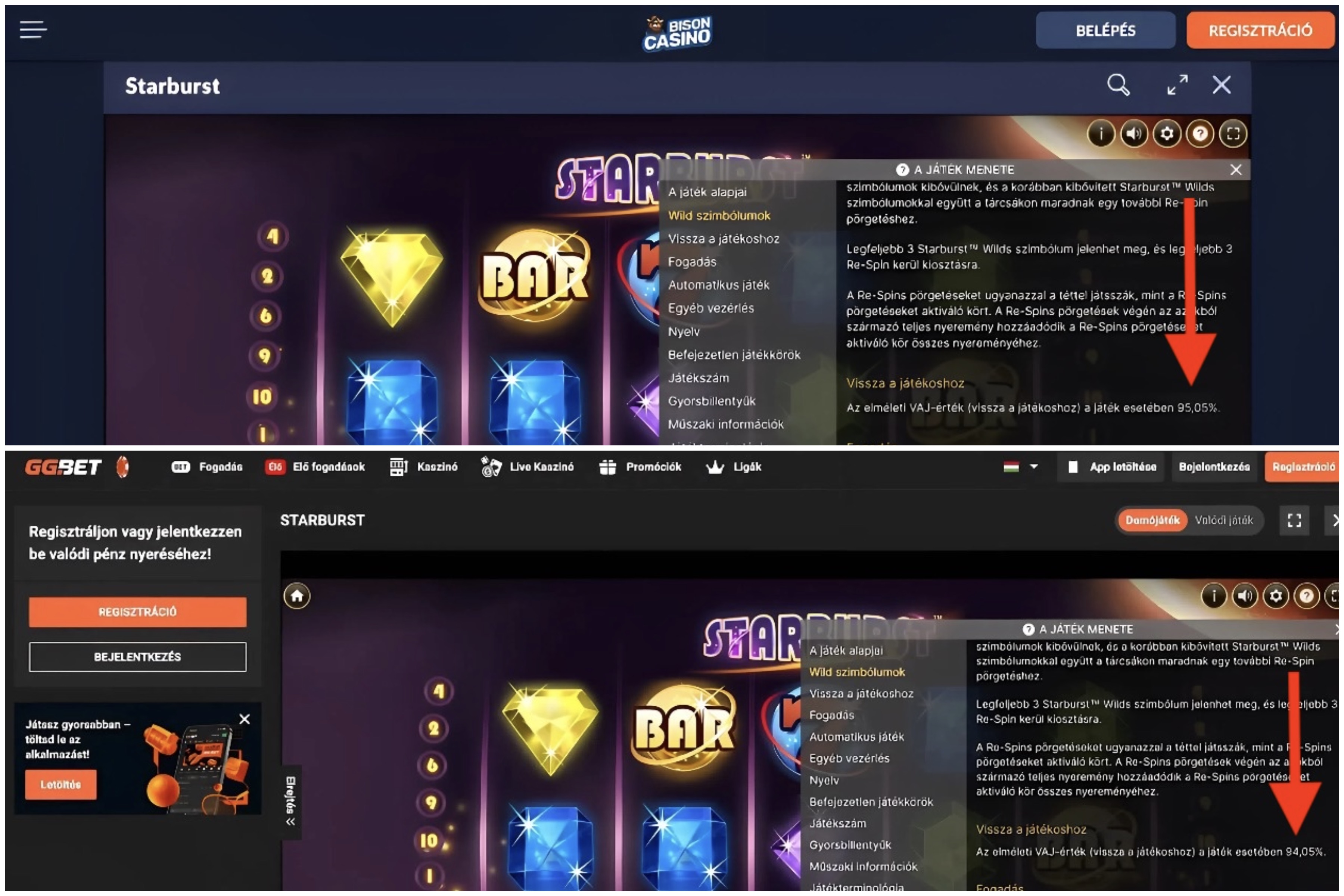 Starburst nyerőgép RTP-értéke két online kaszinó felületén egymás mellett